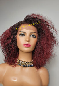 T Part Lace Wig Human Hair Wigs deep waves 180% Density 5inch Deep Part Lace dark root / Burgundy 10inch