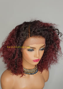 T Part Lace Wig Human Hair Wigs deep waves 180% Density 5inch Deep Part Lace dark root / Burgundy 10inch