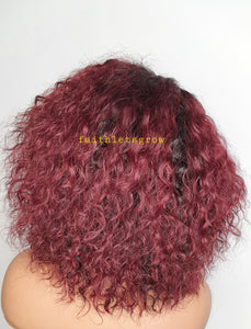 T Part Lace Wig Human Hair Wigs deep waves 180% Density 5inch Deep Part Lace dark root / Burgundy 10inch