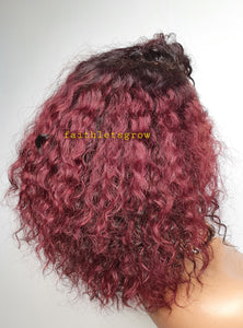 T Part Lace Wig Human Hair Wigs deep waves 180% Density 5inch Deep Part Lace dark root / Burgundy 10inch