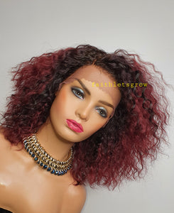 T Part Lace Wig Human Hair Wigs deep waves 180% Density 5inch Deep Part Lace dark root / Burgundy 10inch