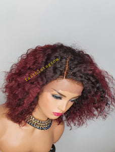 T Part Lace Wig Human Hair Wigs deep waves 180% Density 5inch Deep Part Lace dark root / Burgundy 10inch