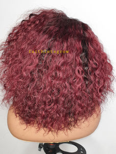 T Part Lace Wig Human Hair Wigs deep waves 180% Density 5inch Deep Part Lace dark root / Burgundy 10inch