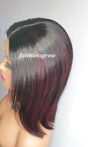 4x4 Lace closure Wig 10inch with  Burgundy Highlights peruvian hair  pre - plucked