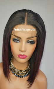 4x4 Lace closure Wig 10inch with  Burgundy Highlights peruvian hair  pre - plucked