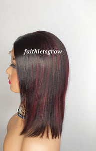 4x4 Lace closure Wig 10inch with  Burgundy Highlights peruvian hair  pre - plucked