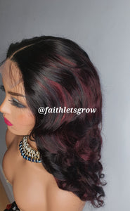 Body Wave Wig 4x4 Lace Closure glueless Wig burgundy highlights 200% Density