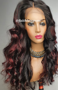 Body Wave Wig 4x4 Lace Closure glueless Wig burgundy highlights 200% Density