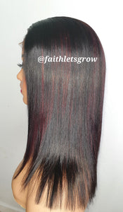 4x4 Lace closure Wig 12inch with  Burgundy Highlights peruvian hair  pre - plucked