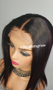 4x4 Lace closure Wig 12inch with  Burgundy Highlights peruvian hair  pre - plucked