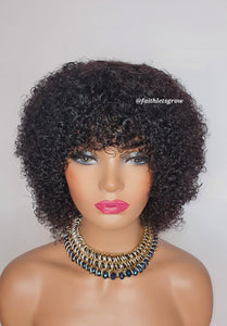 Kinky curly 8inch bangs wig brazilian hair