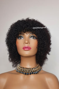 Kinky curly 8inch bangs wig brazilian hair