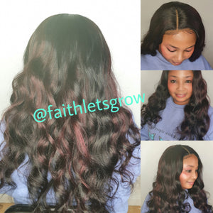 Body Wave Wig 4x4 Lace Closure glueless Wig burgundy highlights 200% Density