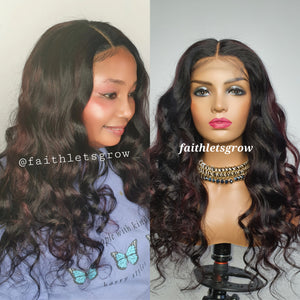 Body Wave Wig 4x4 Lace Closure glueless Wig burgundy highlights 200% Density