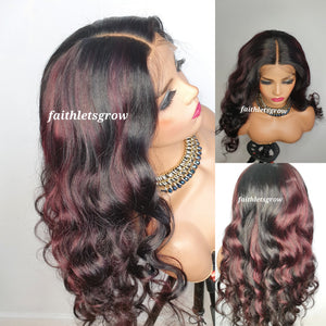 Body Wave Wig 4x4 Lace Closure glueless Wig burgundy highlights 200% Density