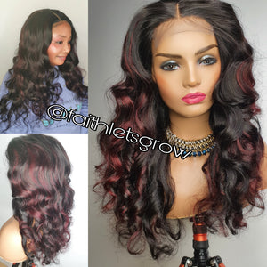 Body Wave Wig 4x4 Lace Closure glueless Wig burgundy highlights 200% Density