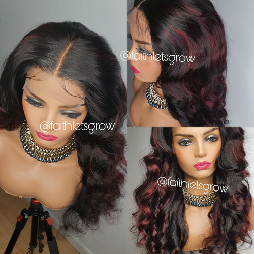 Body Wave Wig 4x4 Lace Closure glueless Wig burgundy highlights 200% Density