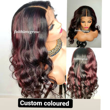 Load image into Gallery viewer, Body Wave Wig 4x4 Lace Closure glueless Wig burgundy highlights 200% Density