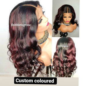 Body Wave Wig 4x4 Lace Closure glueless Wig burgundy highlights 200% Density