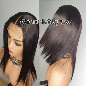 4x4 Lace closure Wig 12inch with  Burgundy Highlights peruvian hair  pre - plucked