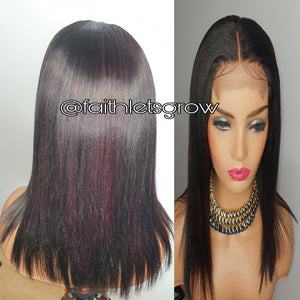 4x4 Lace closure Wig 12inch with  Burgundy Highlights peruvian hair  pre - plucked