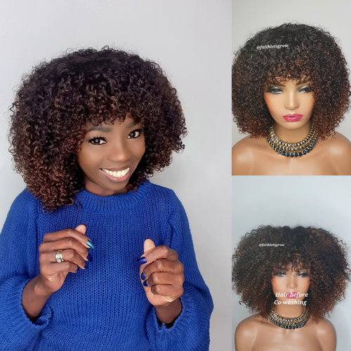 Kinky Curly 10inch Fringe Bangs wig honey blonde highlights  Brazilian Hair 200% density