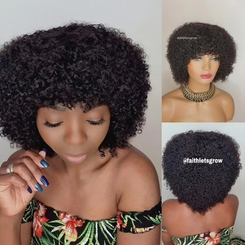 Kinky curly 8inch bangs wig brazilian hair